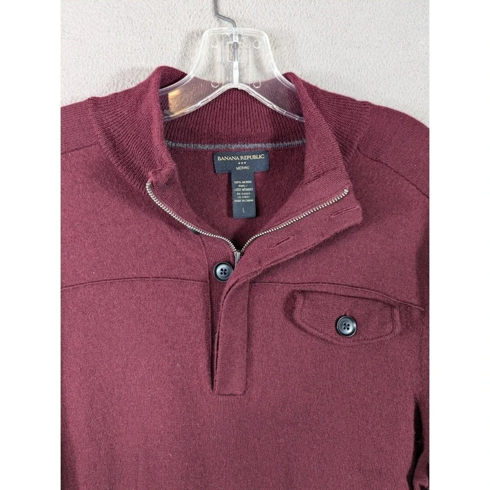 Banana Republic Sweater Men's L Merino Wool 1/4 Zip Button Preppy Stretch Maroon